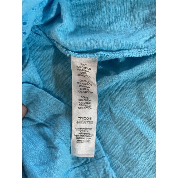 Chico's Shirt 2 Women's Large Eyelet Front Short Sleeve Tee T Shirt Solid Blue - Picture 7 of 9